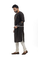 Black Cotton Embroidery Worked Long Panjabi For Men (NS107)